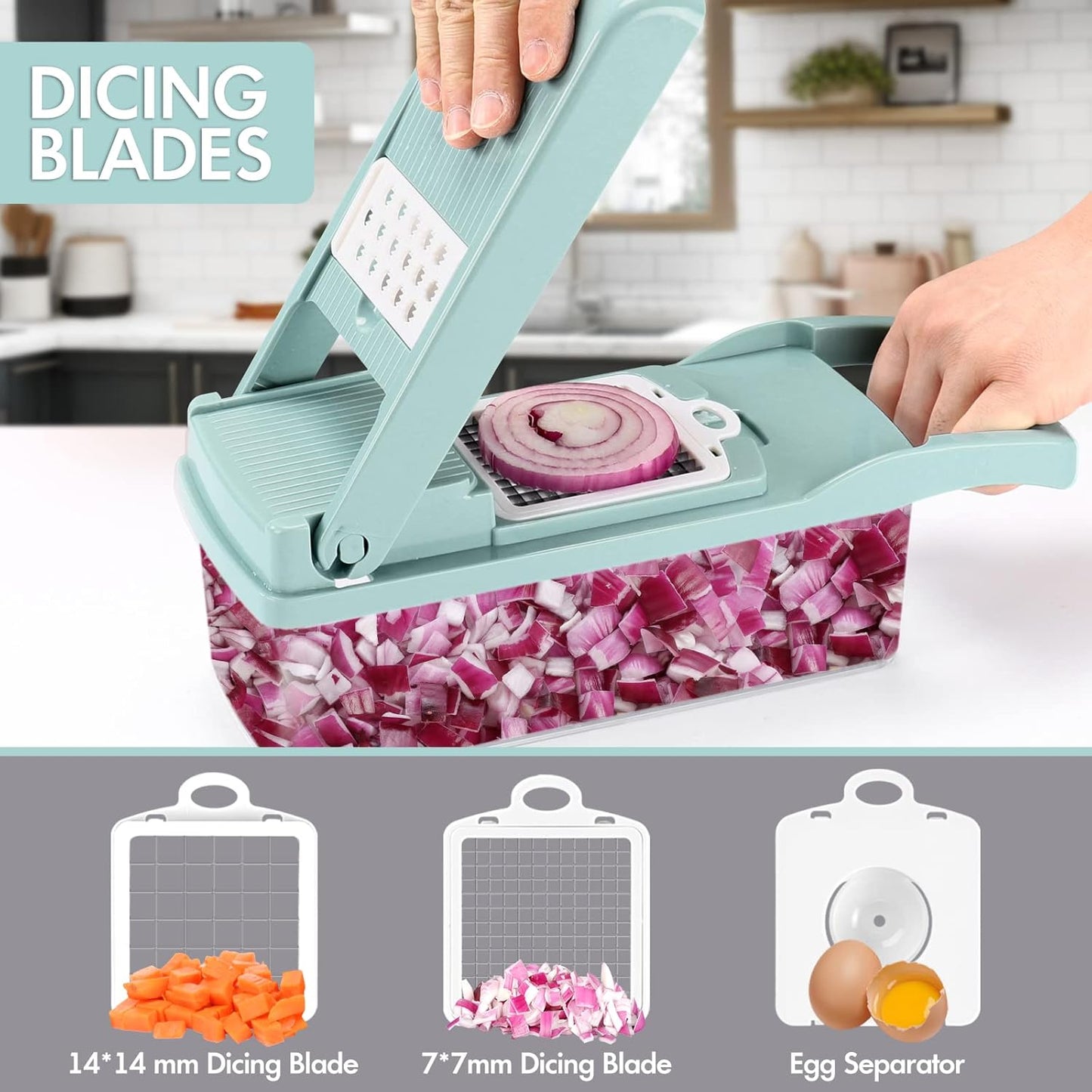 Ourokhome Vegetable Chopper - 12-in-1 Professional Mandoline Slicer with 8 Blades & Strainer Basket - Blue