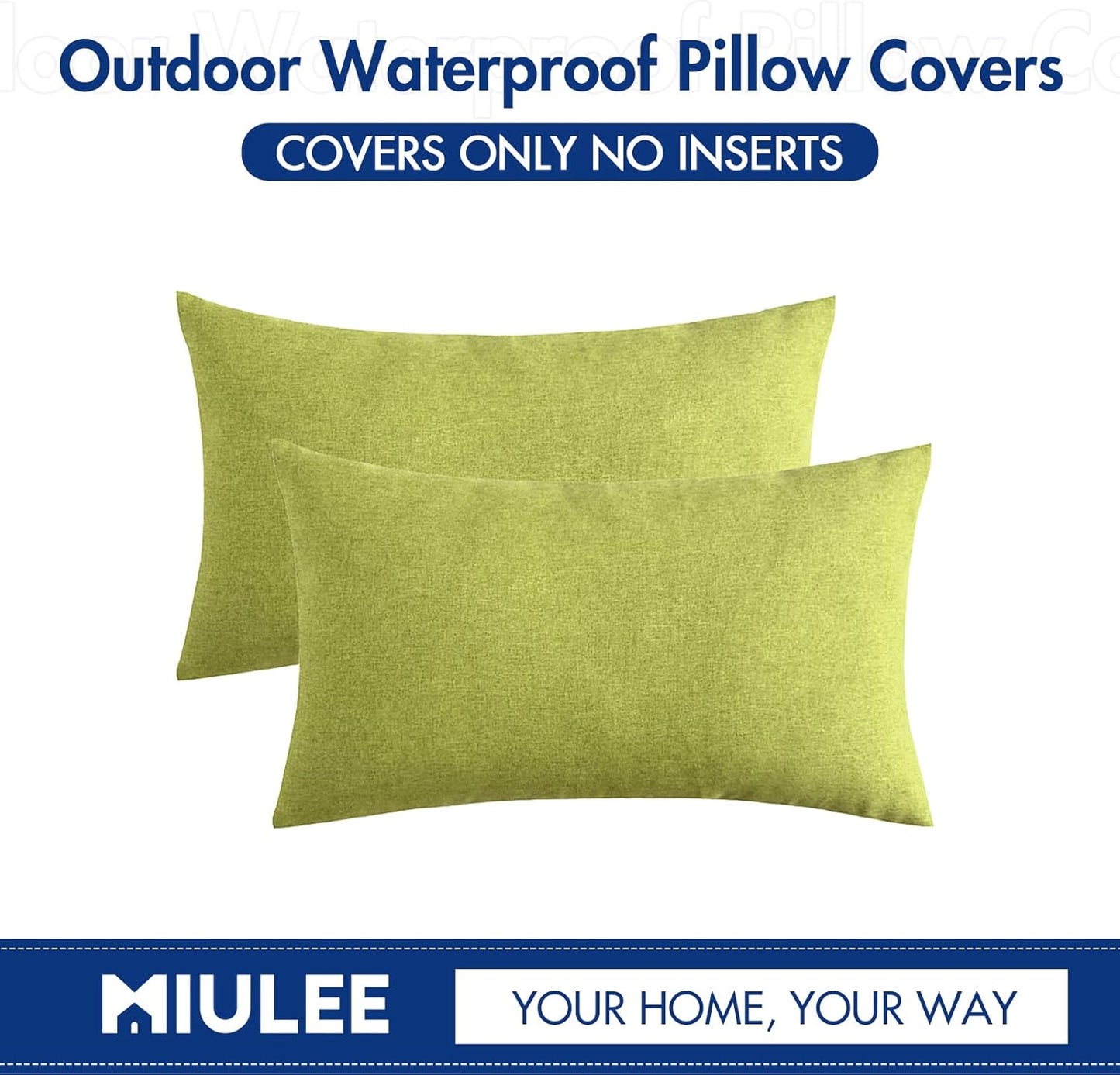 MIULEE Decorative Outdoor Throw Pillow Covers - Waterproof Faux Linen Cushion Cases | 20x12 Inch Green, Set of 2