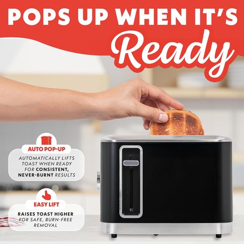 Gourmia 2 Slice Toaster - 6 Browning Levels, Bagel & Defrost Modes, Compact Black Design