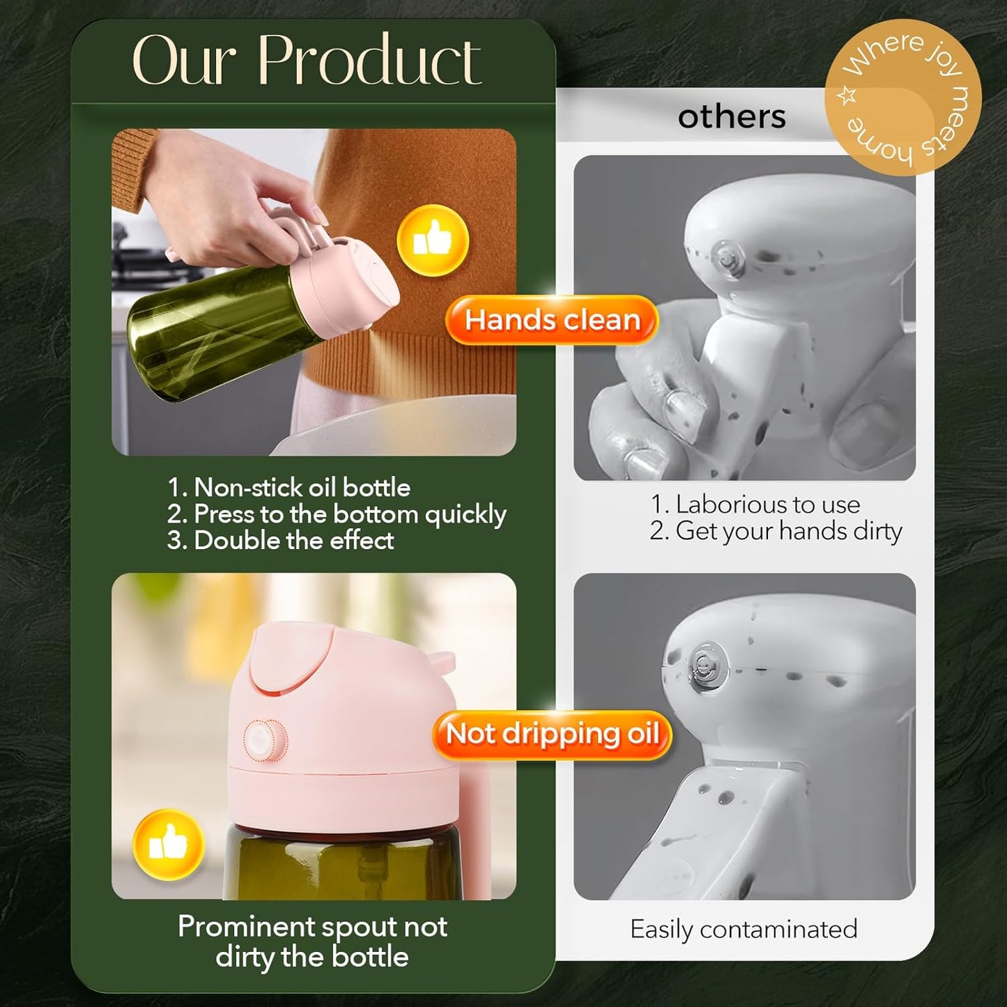 YARRAMATE Light-Blocking Dark Oil Sprayer - 16oz Olive Oil Dispenser Bottle | Food-Grade Glass, Dark Green