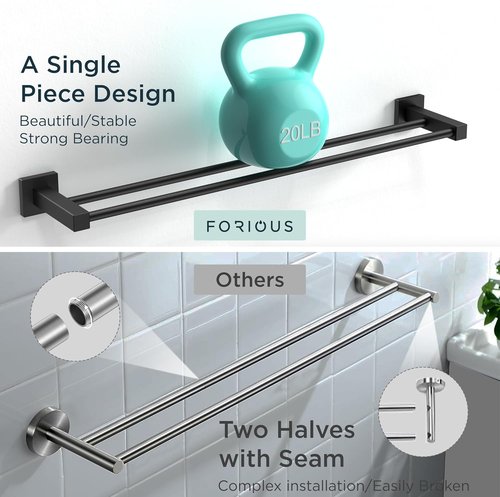 FORIOUS 24-Inch Double Towel Bar - Heavy Duty SUS304 Stainless Steel | Matte Black Finish for Bathroom Wall