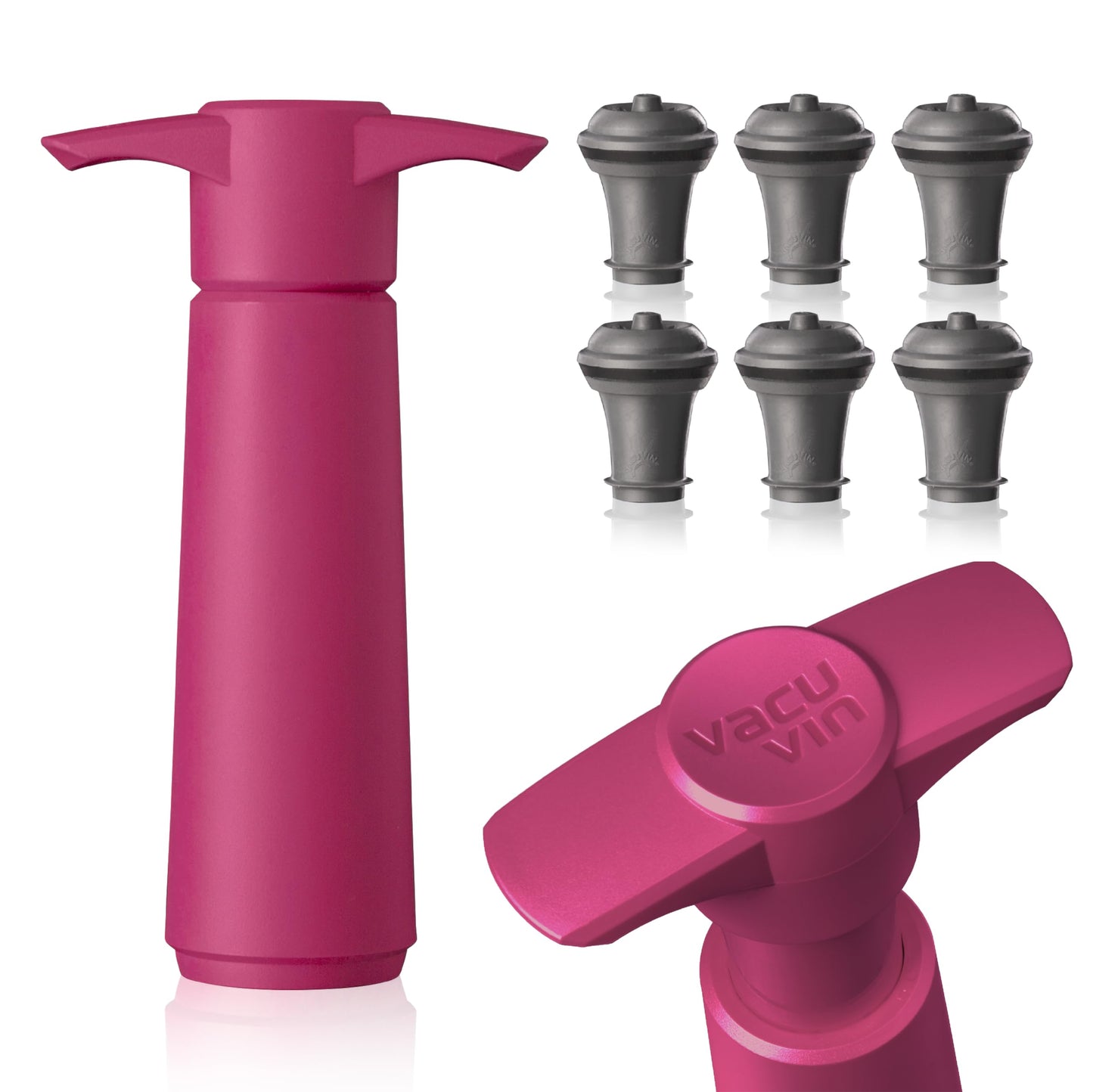 Vacu Vin Wine Saver Pump Pink with Vacuum Wine Stopper - Keep Your Wine Fresh for up to 10 Days - 1 Pump 6 Stoppers - Reusable - Made in the Netherlands