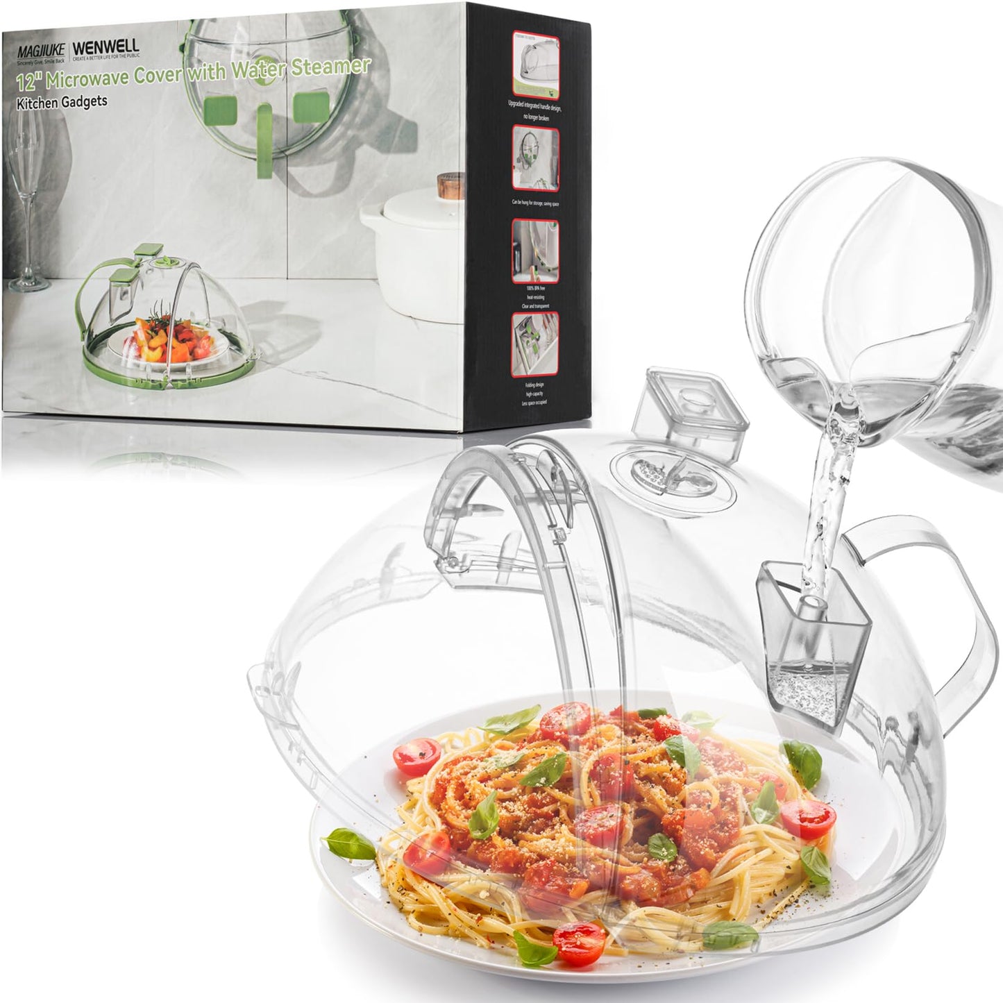 WENWELL Microwave Cover with Water Steamer & Tray,Food Protector Splatter Guard,Dish Bowl Plate Serving Lid with Handle,10 Inches,BPA-Free,Clear Plastic