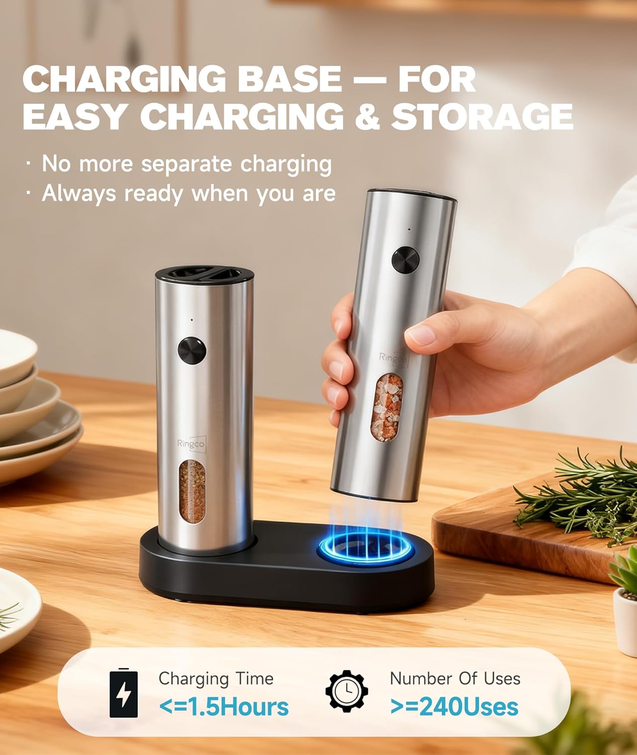 Ringco Electric Salt and Pepper Grinder Set - Rechargeable Mill with Adjustable Coarseness & LED Light | 110ml Capacity for Kitchen & Outdoor Use