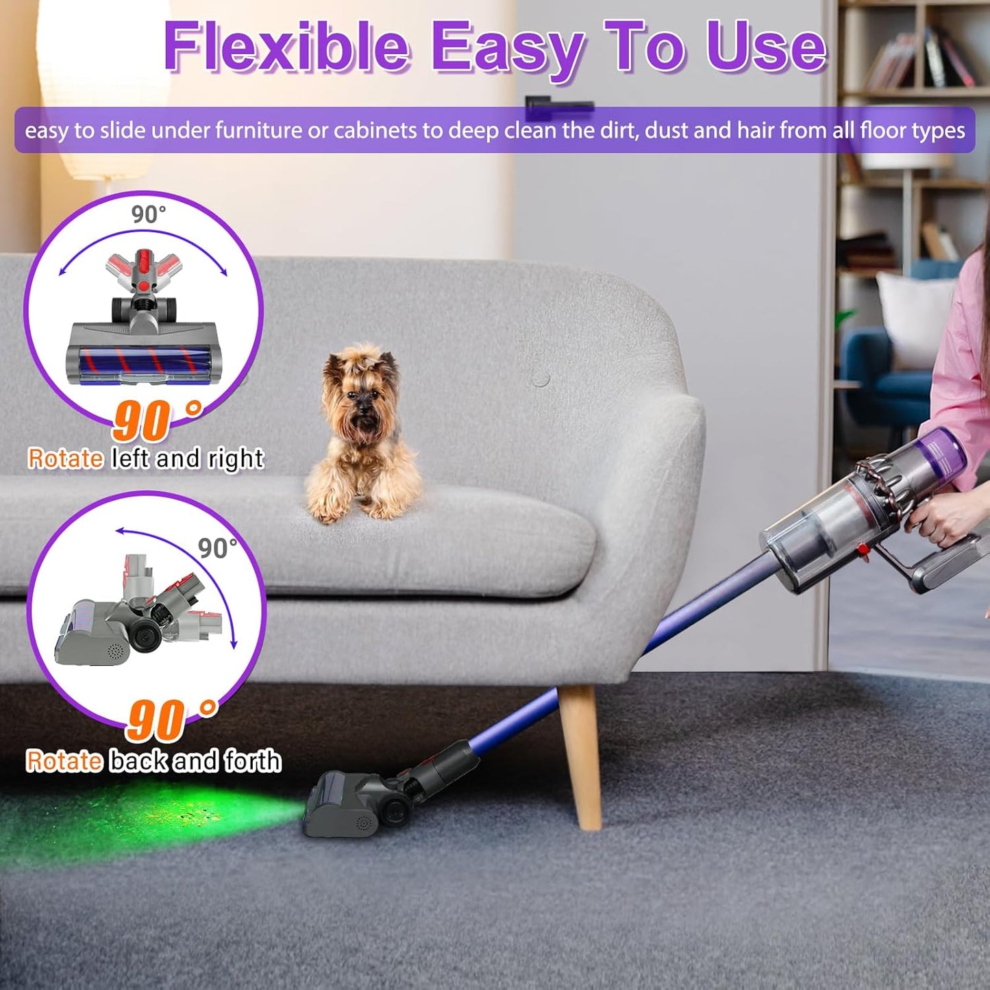 Lemige LED Green Light Head for Dyson V7 V8 V10 V11 V15 | Quick Release, Anti-Tangle Soft Brush Roller for All Floors