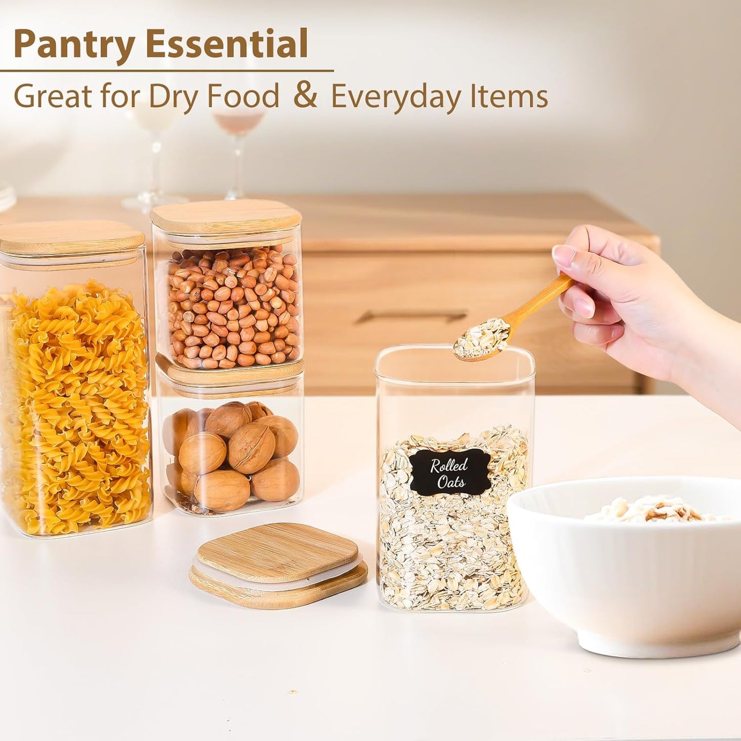 TBWIND Glass Storage Containers - 6 Pack Airtight Canisters with Bamboo Lids | Clear Jars for Food, Coffee, Flour, Snacks (24oz/37oz/51oz)