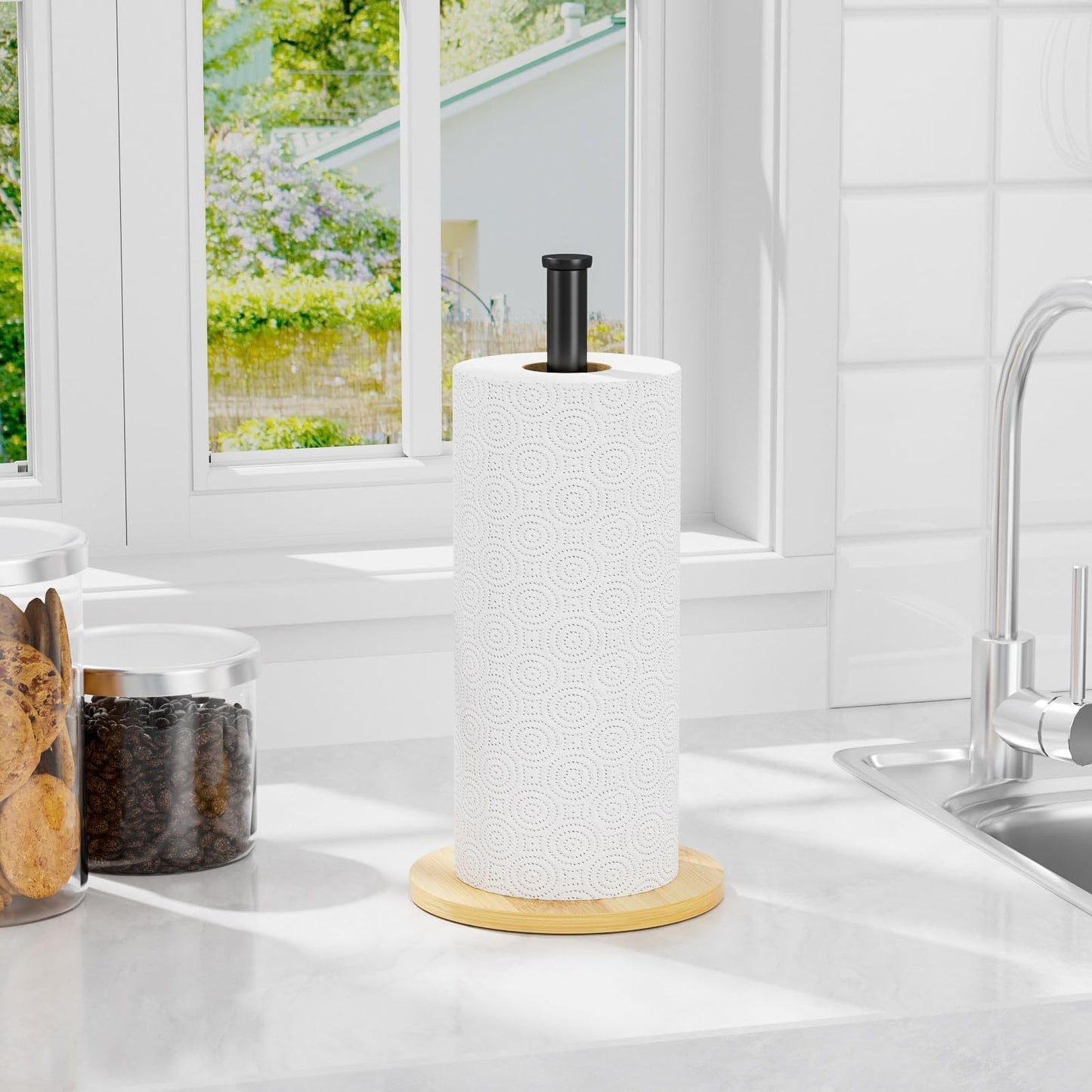 CHIKESI Wooden Paper Towel Holder Countertop, Black,Non-Slip Base, Stainless Steel, FreeStanding, Easy Install, Durable, Ideal for Home,RV,Bathroom,Farmhouse Essentials Decor Accessories