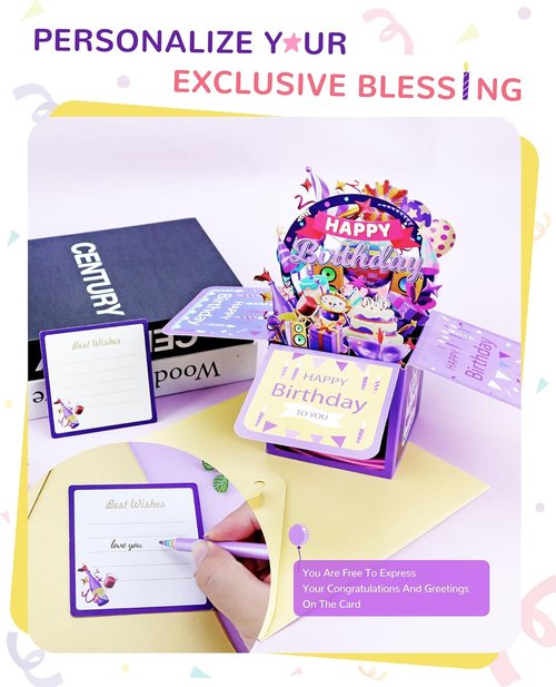 3D Birthday Gift Box - Unique Pop-Up Card with Blank Greeting Card & Envelope for Women