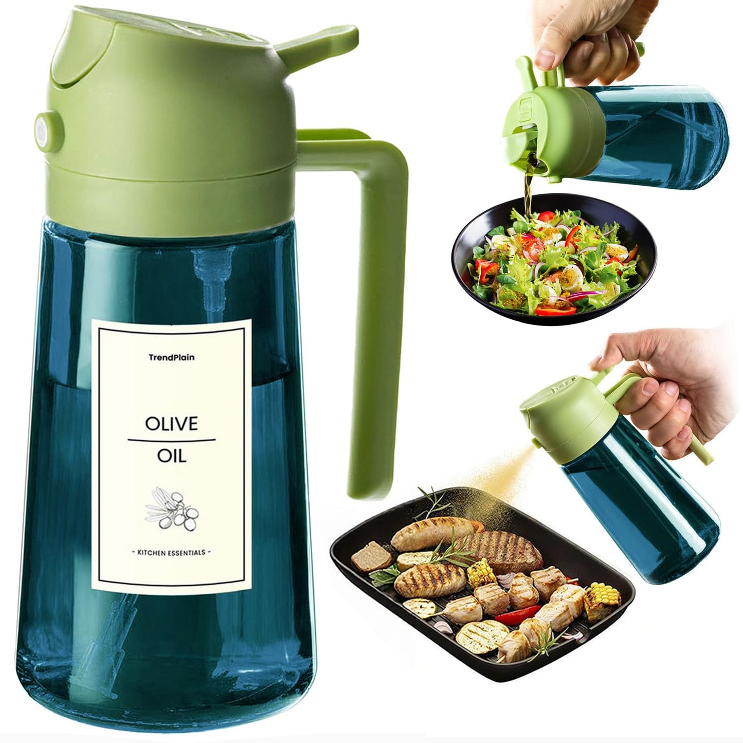 TrendPlain 16oz/470ml Blue Glass Olive Oil Sprayer for Cooking - 2 in 1 Olive Oil Dispenser for Kitchen Gadgets, Air Fryer, Salad, and BBQ - Green