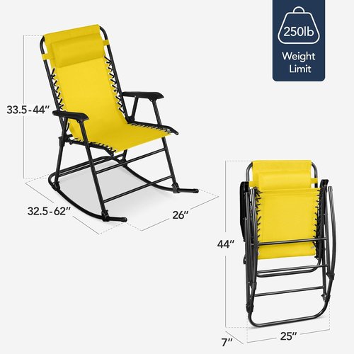 Best Choice Products Outdoor Zero Gravity Rocking Chair - Folding Reclining Patio Lounge with Adjustable Pillow | Sunflower Yellow