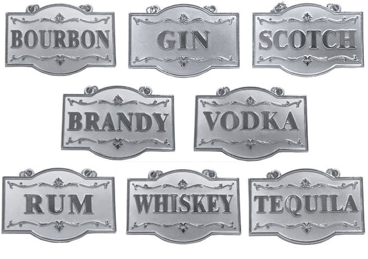 Amlong Plus Deluxe Set of Liquor Tags for Bottles or Decanters, Silver Color, Set of 8 With Adjustable Chain Features (Bourbon, Brandy, Gin, Rum, Scotch, Tequila, Vodka, and Whiskey)