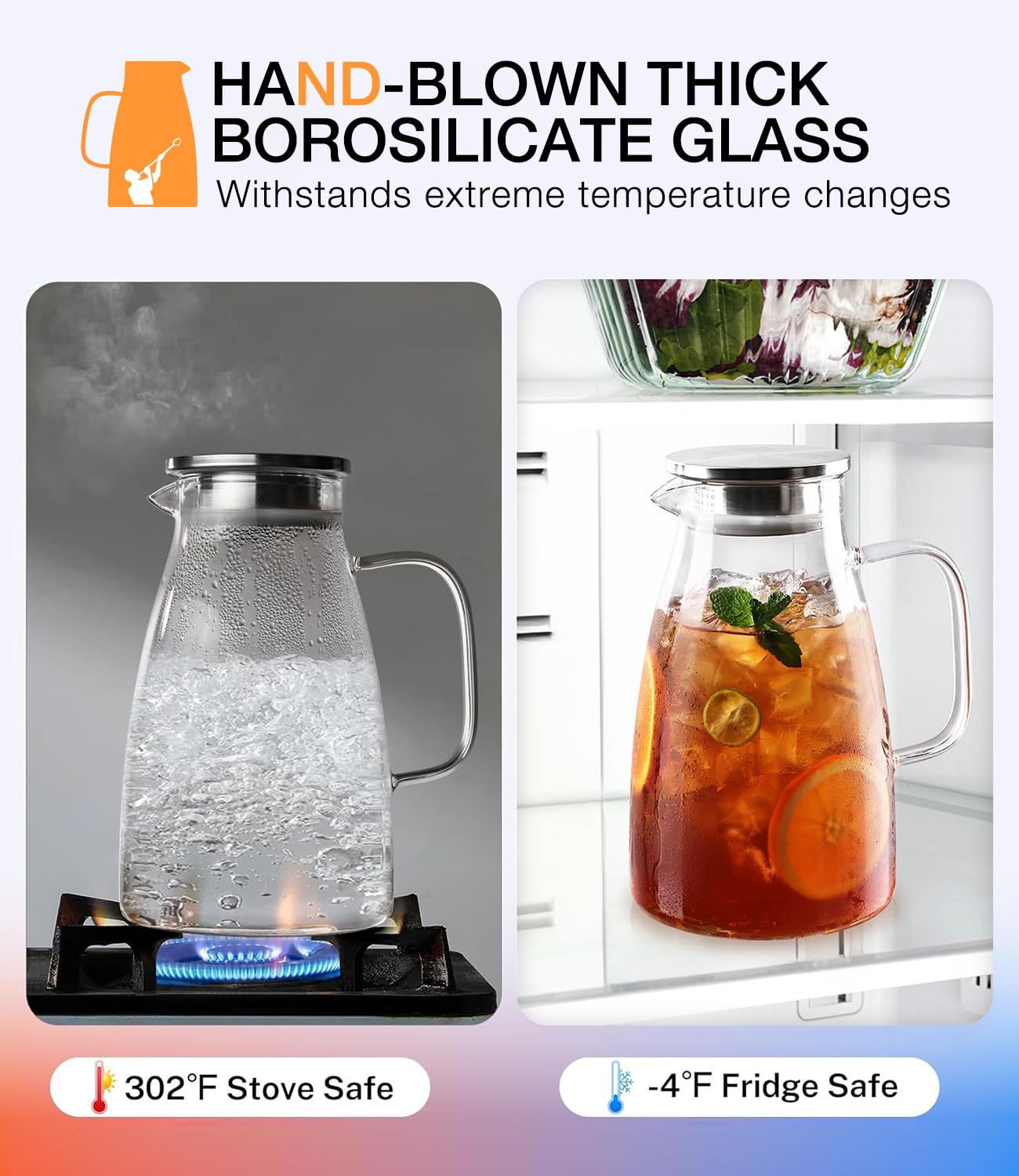 Potdoctor Glass Pitcher with Lid, 2 Liter 68oz Water Pitcher with Handle and Spout for Fridge, Borosilicate Glass for Iced Tea, Juice, Sangria, Cold/Hot Beverage, Large Jug