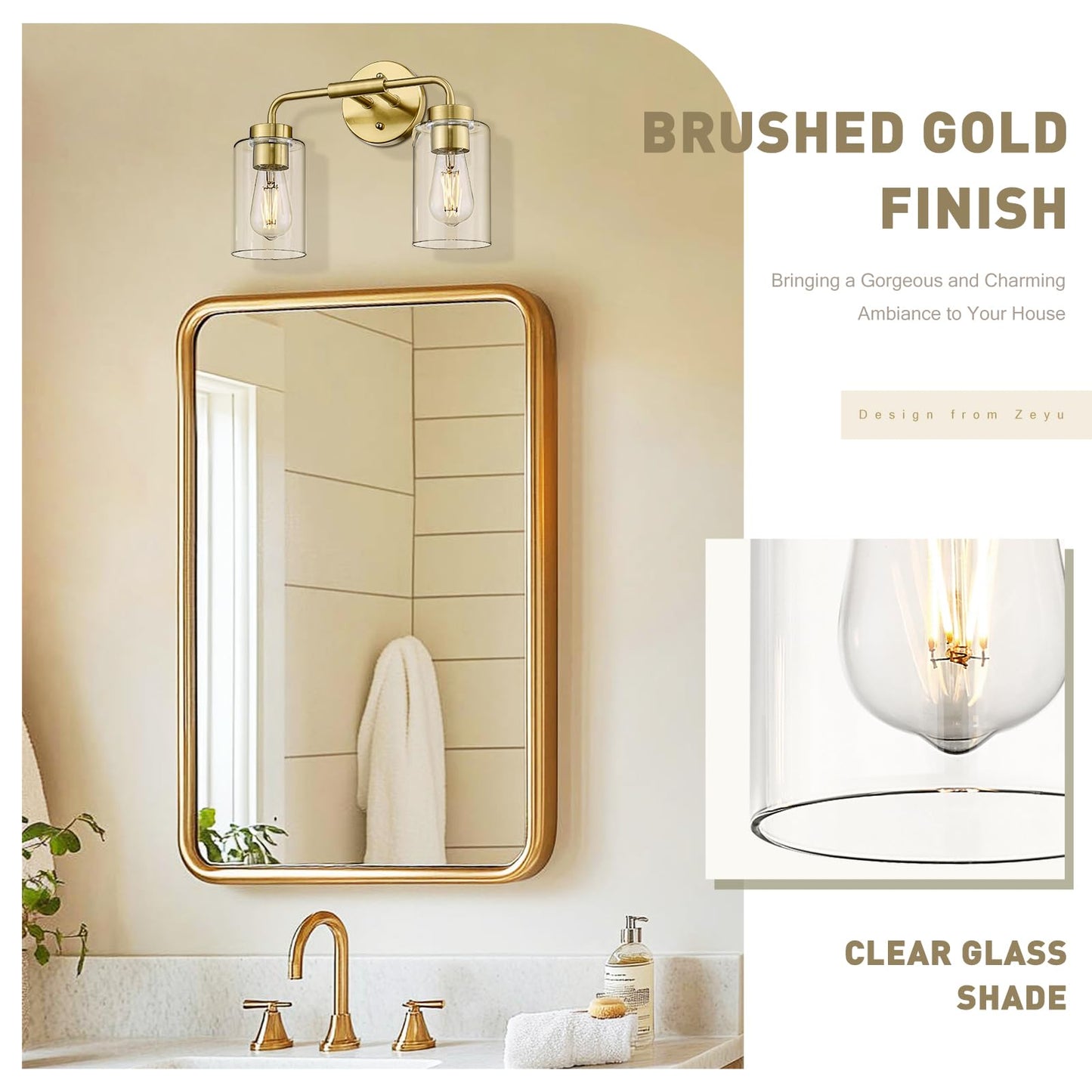 zeyu 14.4 Inch Vanity Light Fixture, Vintage Bathroom Lamp, Gold Bathroom Light Fixtures with Clear Glass Shade, Brushed Gold Finish, ZS62B-2W BG