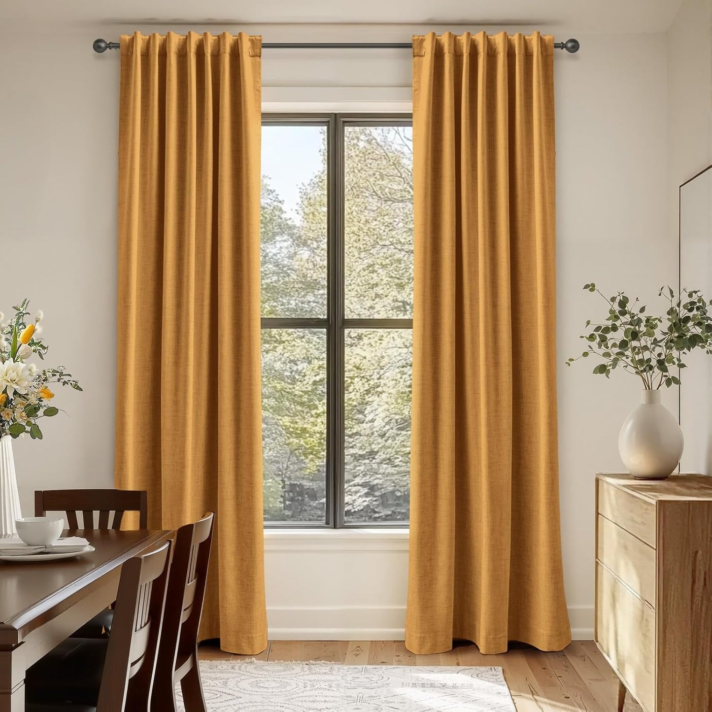 Skiennix 100% Blackout Linen Curtains - Thermal Insulated Drapes, Mustard Yellow, 50" W x 102" L, 2 Panels Set