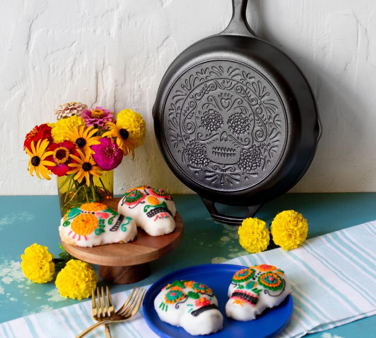 Lodge 10.25 Inch Pre-Seasoned Cast Iron Skillet - Versatile Use on Stove, Grill, or Campfire - Sugar Skull Design