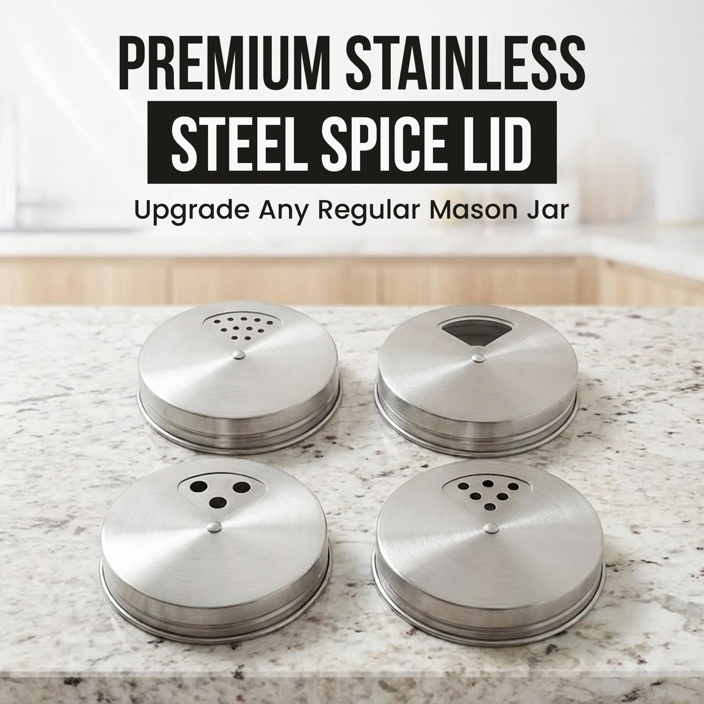 Stainless Steel Adjustable Spice Lid for Mason Jar (Regular Mouth, 4 Pack)