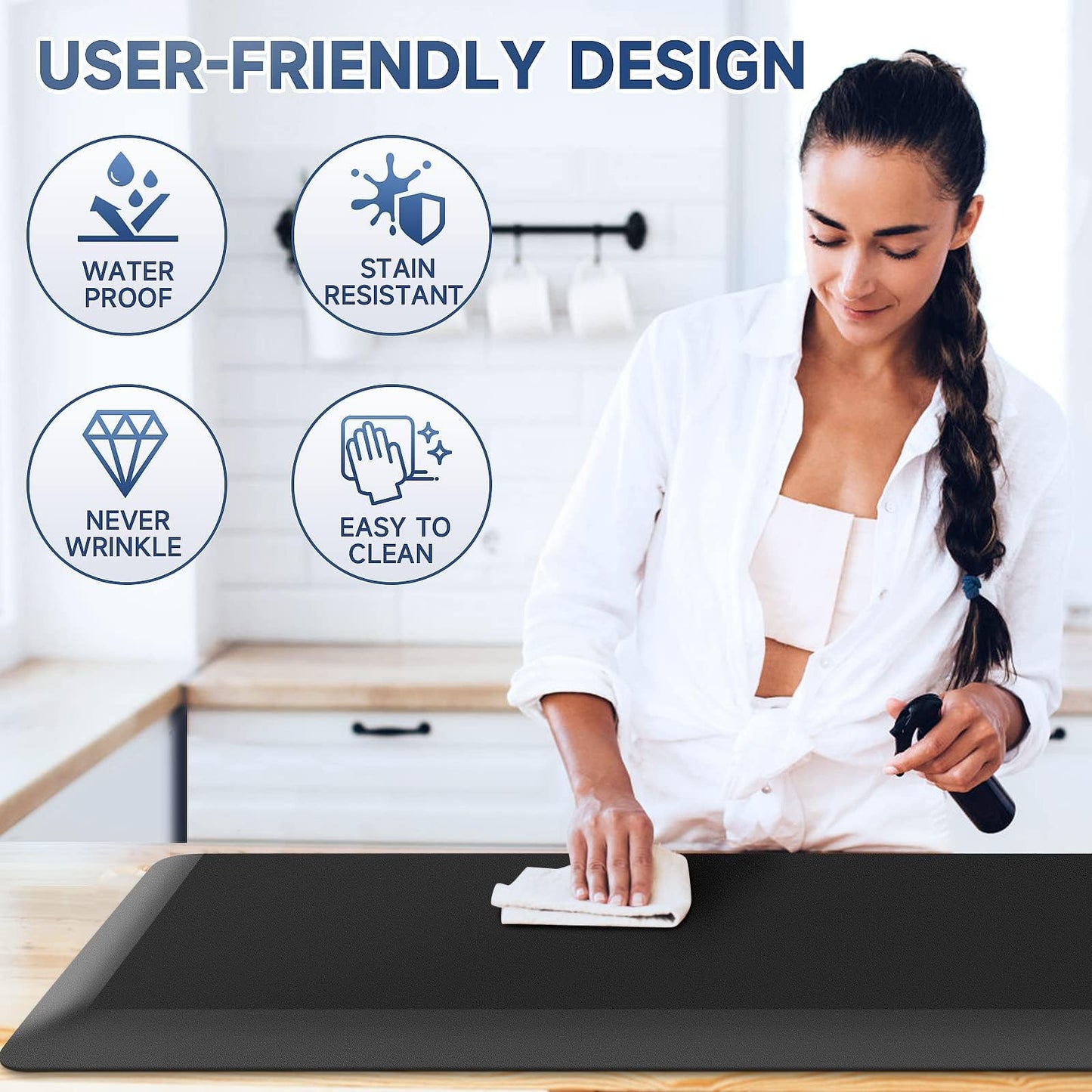 StepRite 4/5 Inch Thick Kitchen Mat Anti Fatigue Mat Kitchen Rugs Kitchen Decor Non-Slip, Stain & Water Resistant, Kitchen Mats Desk Mat for Kitchen, Office, Workshop, Black, 17'' x 47''