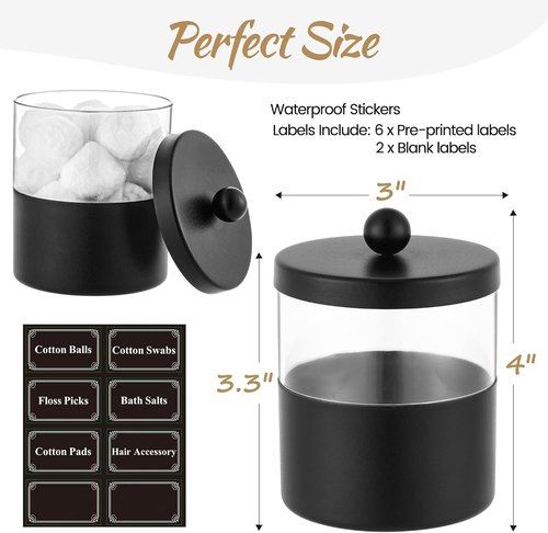 Gaussra Black Apothecary Jars | Stylish Stainless Steel Qtip Holder - Farmhouse Decor (2-Pack)