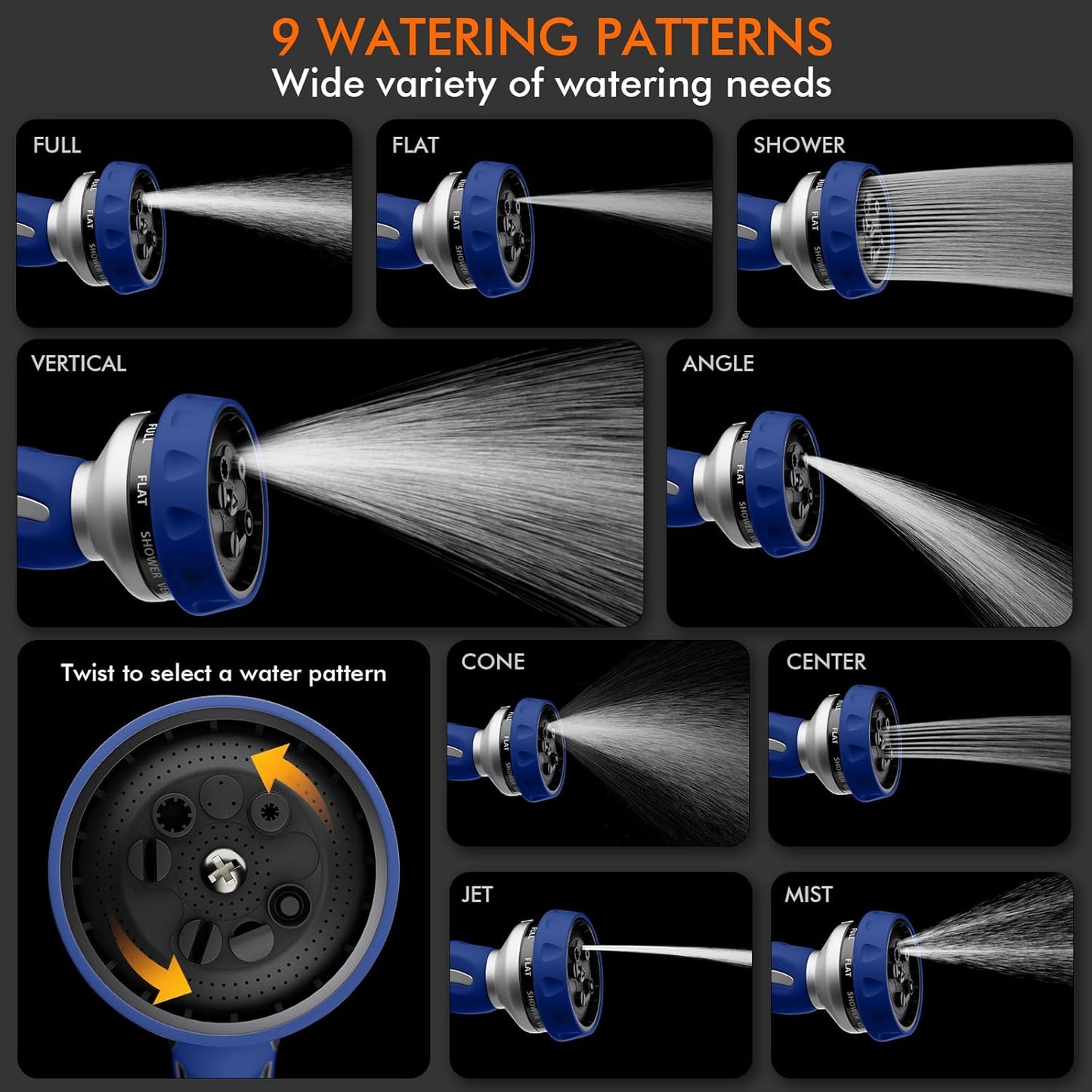 RESTMO Heavy-Duty Metal Hose Nozzle - 9 Spray Patterns | High Pressure with Thumb Flow Control | Ideal for Lawn, Car & Pet Washing, Blue