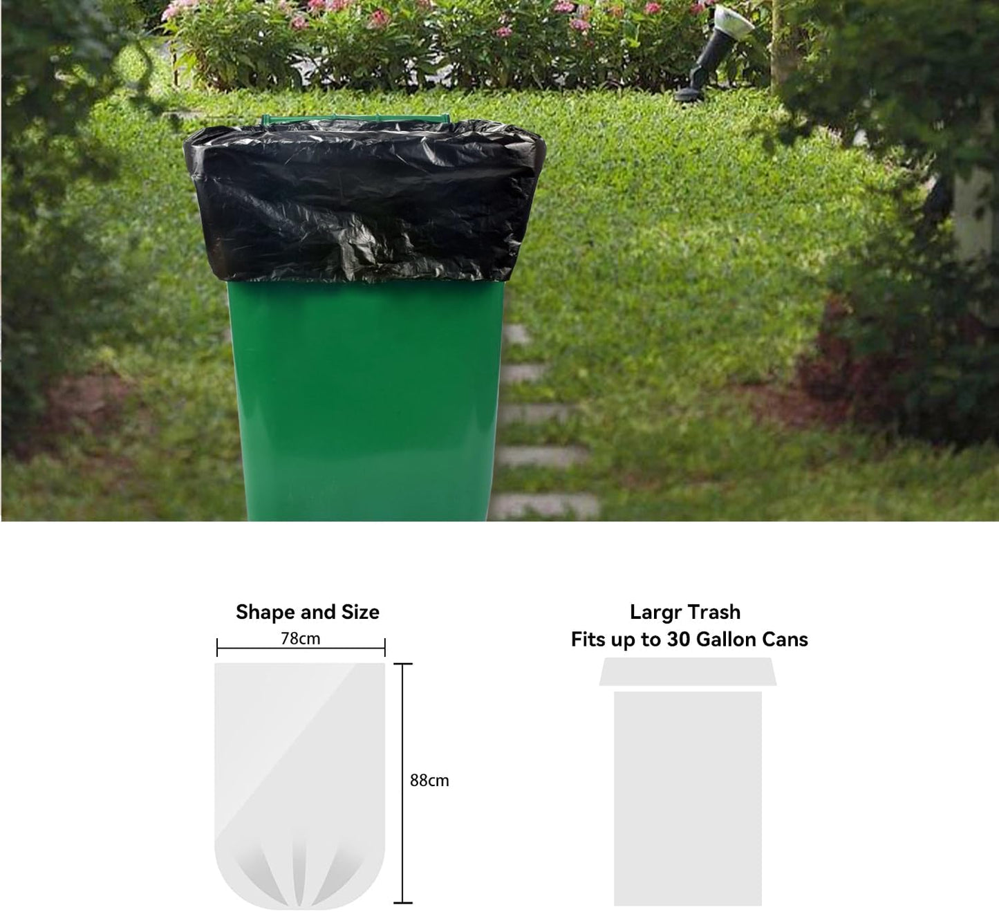 WAIKAS 30 Gallon Trash Bags - Heavy-Duty, Unscented, 10 Count | 78x88cm, No Flaps or Ties