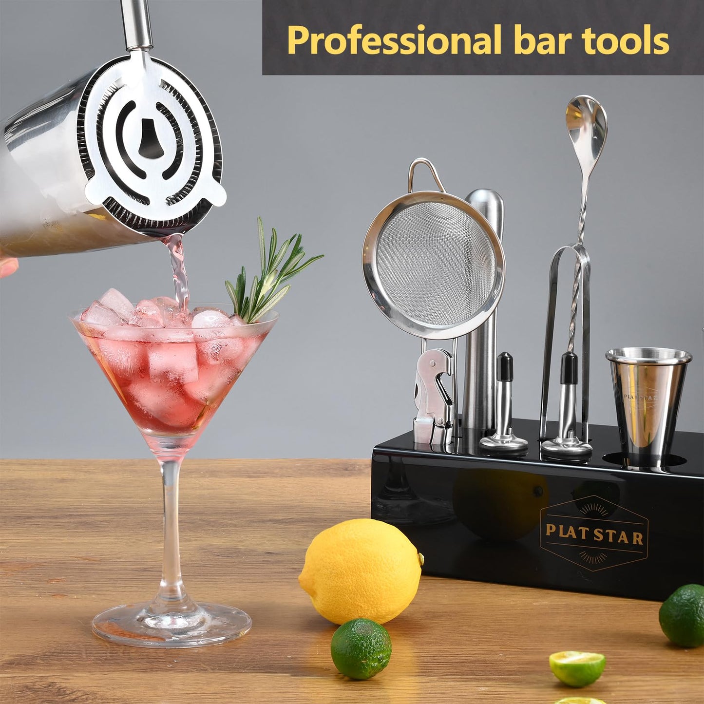 Plat Star Mixology Bartender Kit with Stand, Home Bar Set Cocktail Shakers Bartending Kit, Bar Tools Boston Shaker Set, Professional Drink Mixing Martini Making Barware with Recipe Book