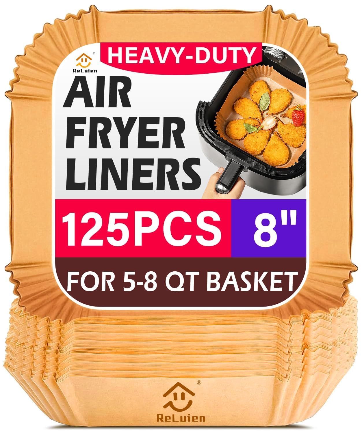 Air Fryer Liners Disposable, 125Pcs Parchment Paper, 8 Inch Non-stick Air Fryer Paper Liners, Unbleached Square Airfryer Liners for 5-8QT Air Fryer, Baking, Roasting Microwave