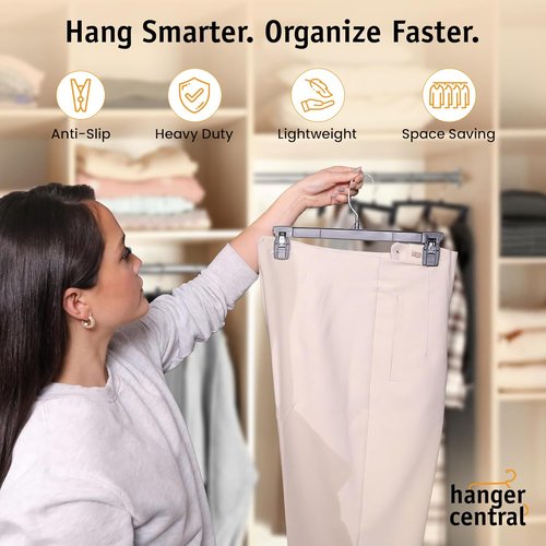 Hanger Central 12 Inch Slim Pants Hangers - Heavy Duty Non-Slip Clips for Skirts & Shorts | 12 Pack - Black