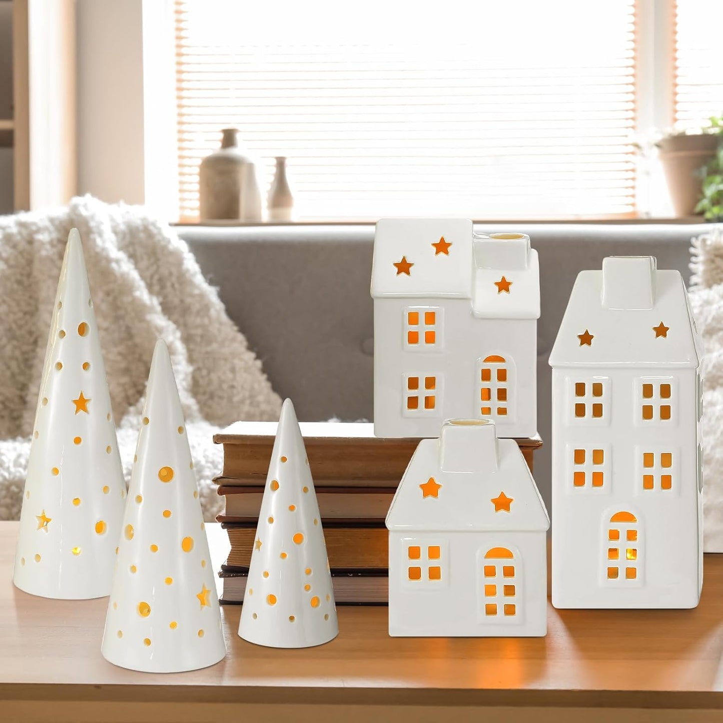 Newtay Ceramic LED Christmas Village Set - 3 Houses & 3 Trees for Festive Tabletop Decor | White Porcelain