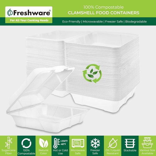 Freshware Compostable Clamshell Food Containers - Biodegradable Sugarcane To Go Boxes | 50-Pack, Heavy Duty, Microwave & Freezer Safe