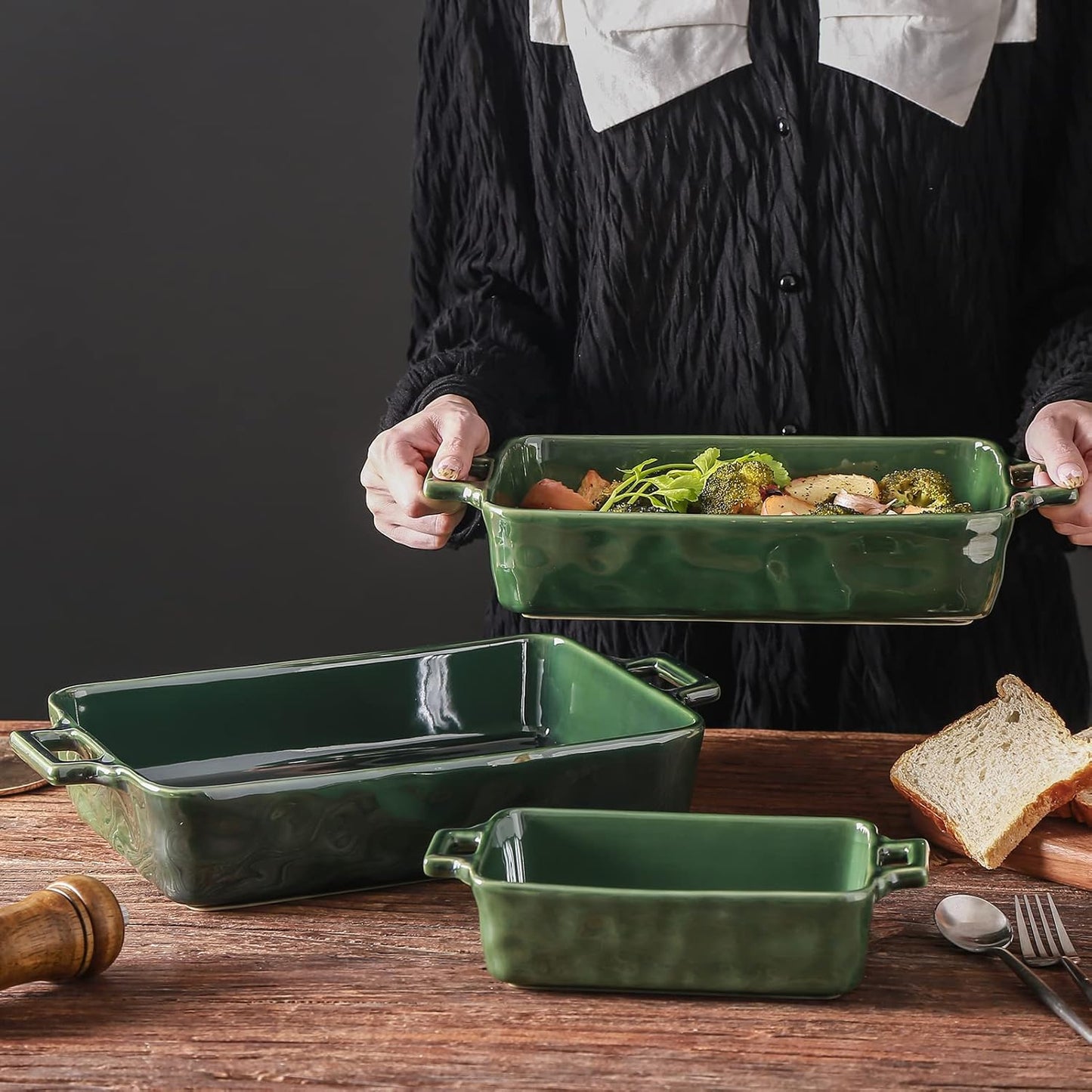 VICRAYS Ceramic Bakeware Set - Porcelain Rectangular Baking Dish for Lasagna & Casserole | 3-Piece, 15 x 8.5 Inches (Green)