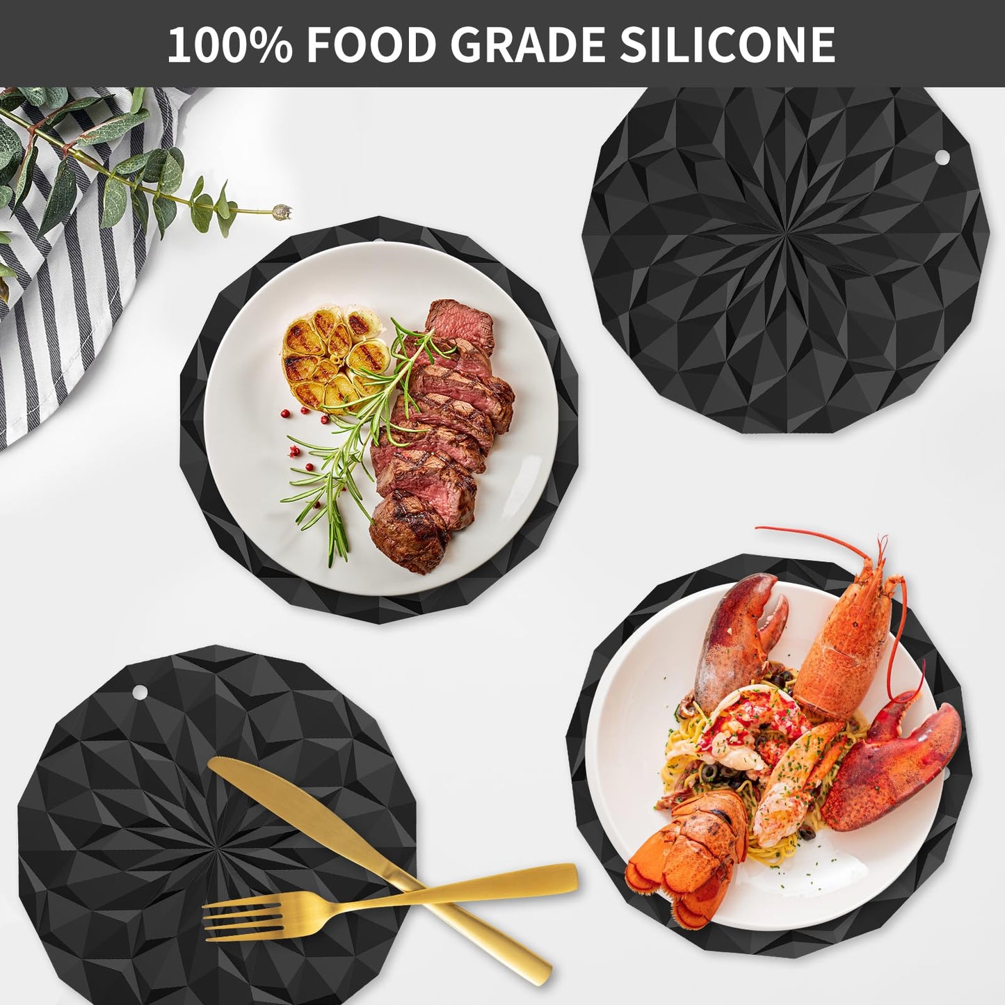 ME.FAN Silicone Trivet Mats - 4 Pack Pot Holders - 7.4'' Thickened Hot Pads for Hot pots, Pans and Dishes, Heat Resistant Silicone Trivet for Table and Counter Top Black