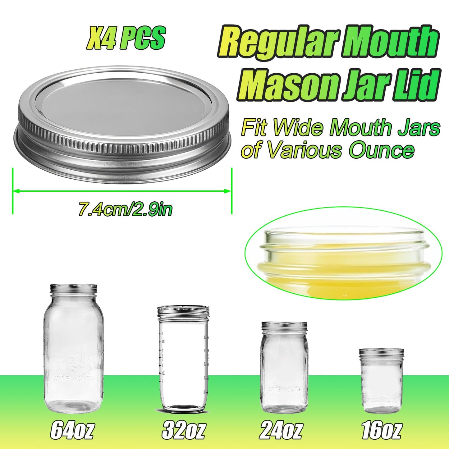 Palksky Stainless Steel Regular Mouth Canning Lids and Rings, Airtight/Rustproof Mason Jar Lids with Bands Set of 4