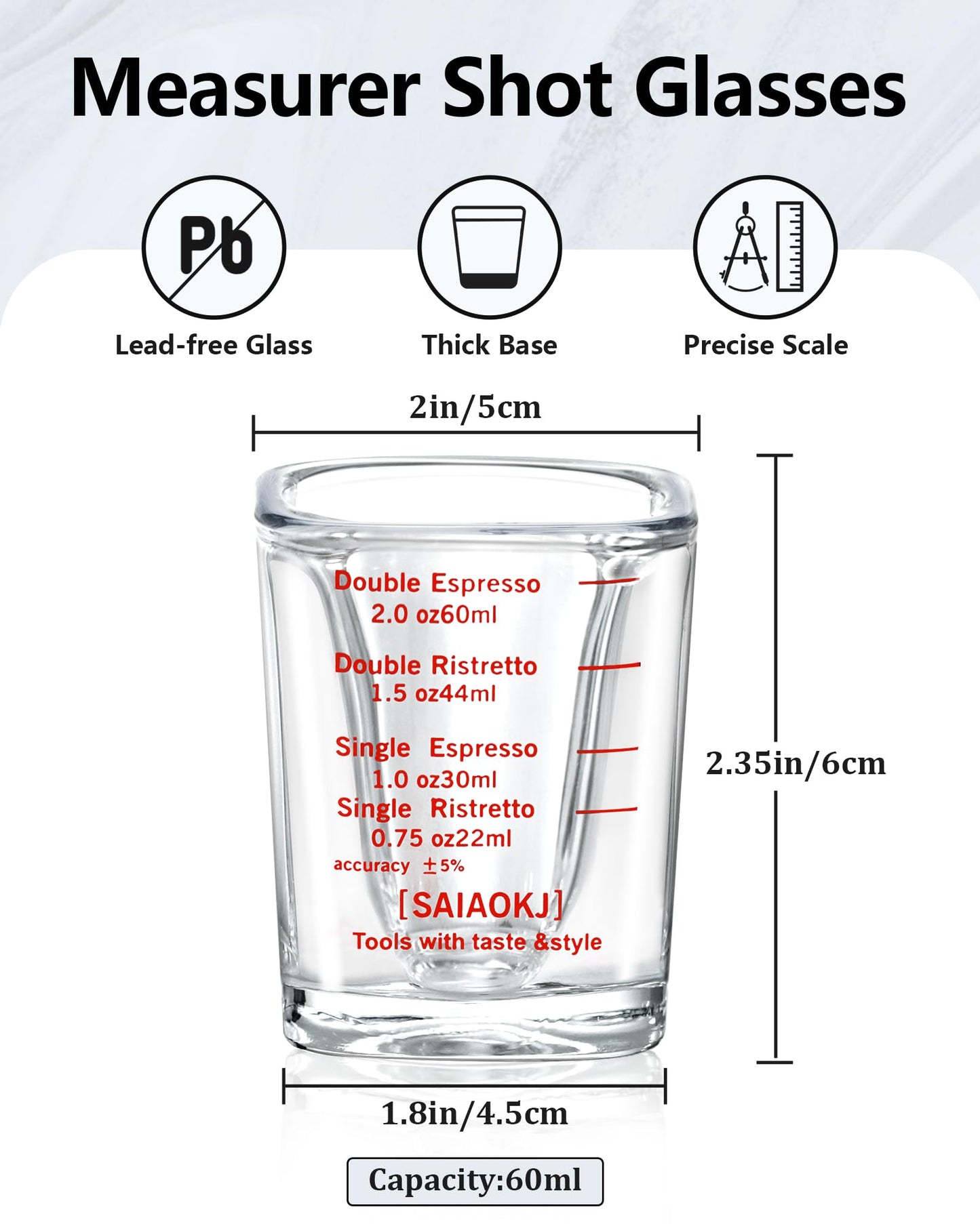 Shot Glasses Measuring Cup Set 2PACK Espresso Shot Glasses Liquid Heavy Glass 2oz/60ml(Red)
