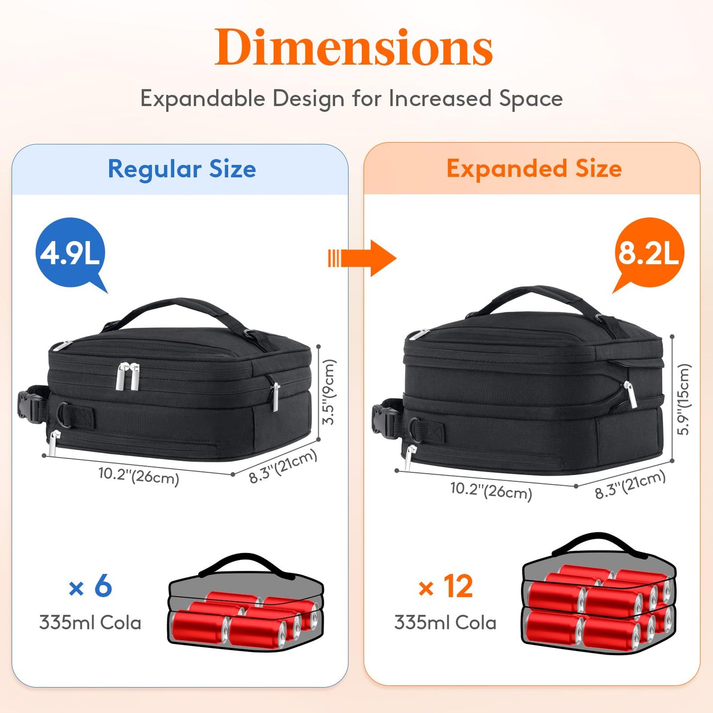 Lifewit Insulated Lunch Box for Men, Expandable Cooler Bag, Freezable Lunch Bag for Women with 2 Ice Packs and Shoulder Straps for Work Travel College, 8.2L Black