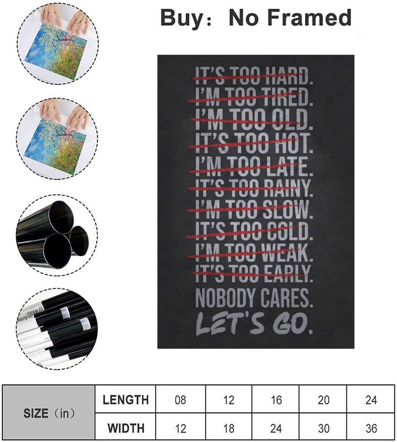 Nobody Cares Gym Poster - Inspirational Canvas Wall Art | Motivational Quotes for Home & Office - Unframed 16x24 Inches