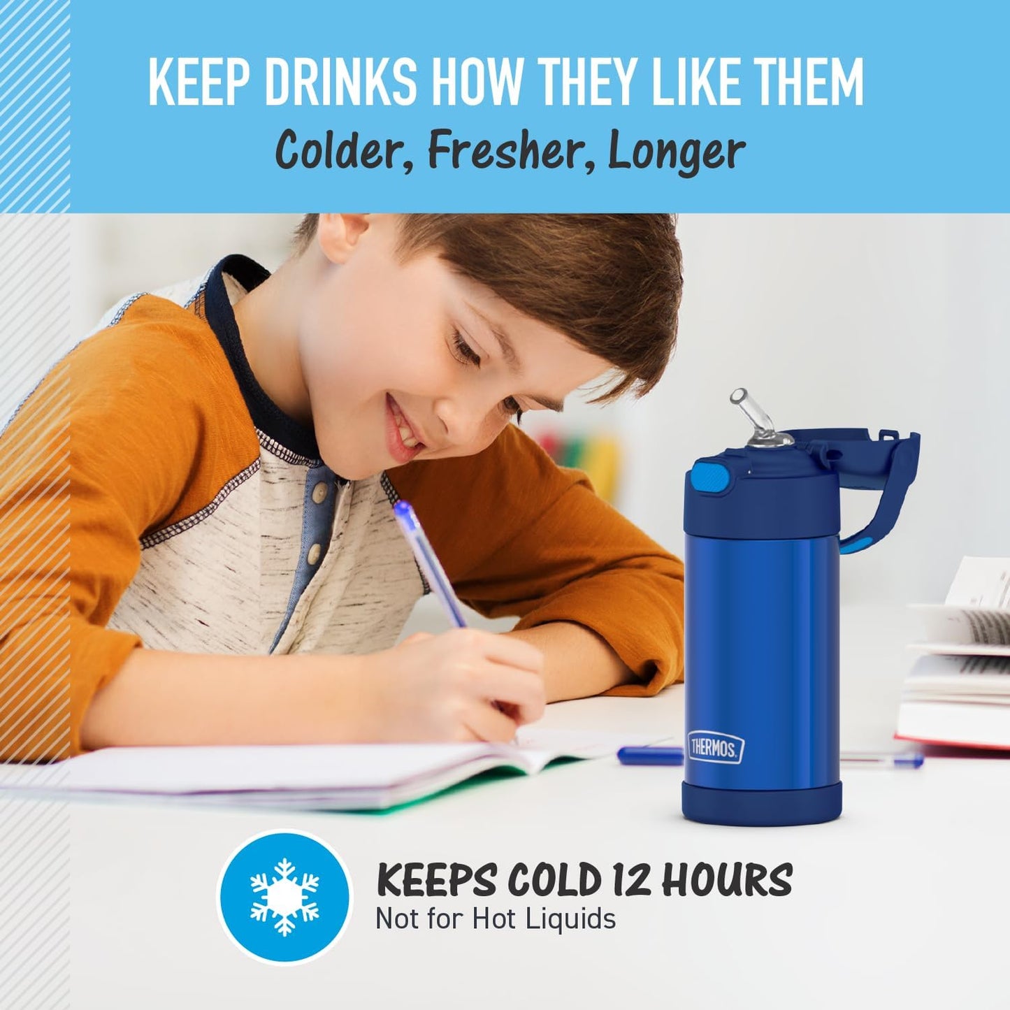Thermos Funtainer 12 Ounce Kids Straw Bottle - Stainless Steel Vacuum Insulated, Blue