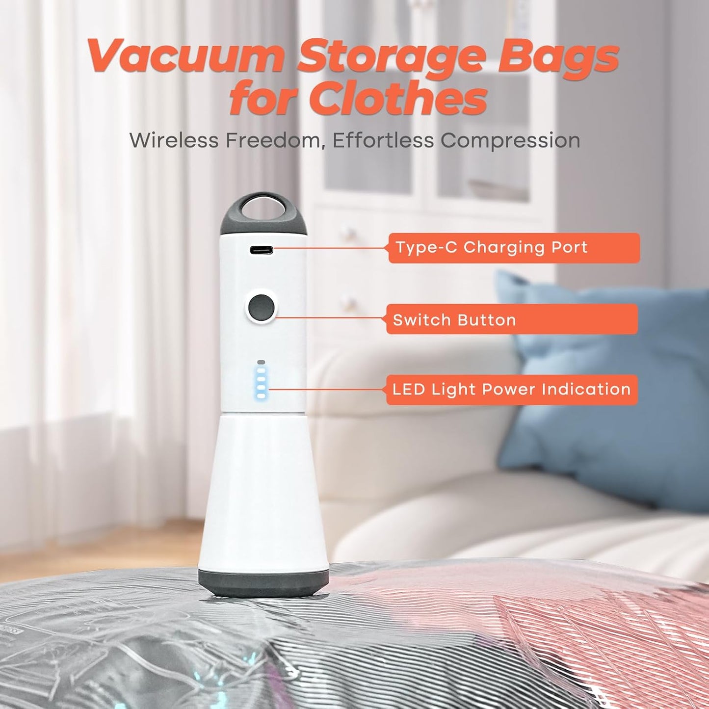 Vacbird Vacuum Seal Bags - 12 Pack Compression Storage Bags with Cordless Pump | Space Saver for Clothes & Bedding