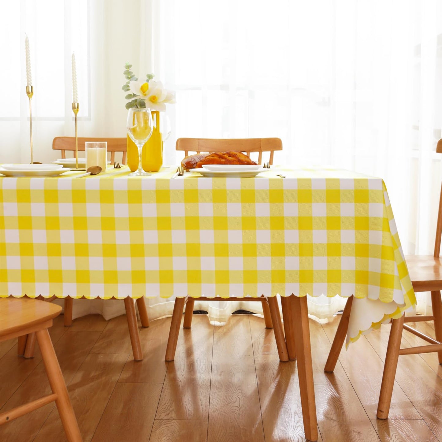 MANGATA CASA 2PCS Yellow Gingham Tablecloth for Rectangle Tables-Checkered Table Cloth Waterproof Kitchen & Table Linens-Polyester Buffalo Plaid Wrinkle Free Table Cover(Light Yellow 60x84in)