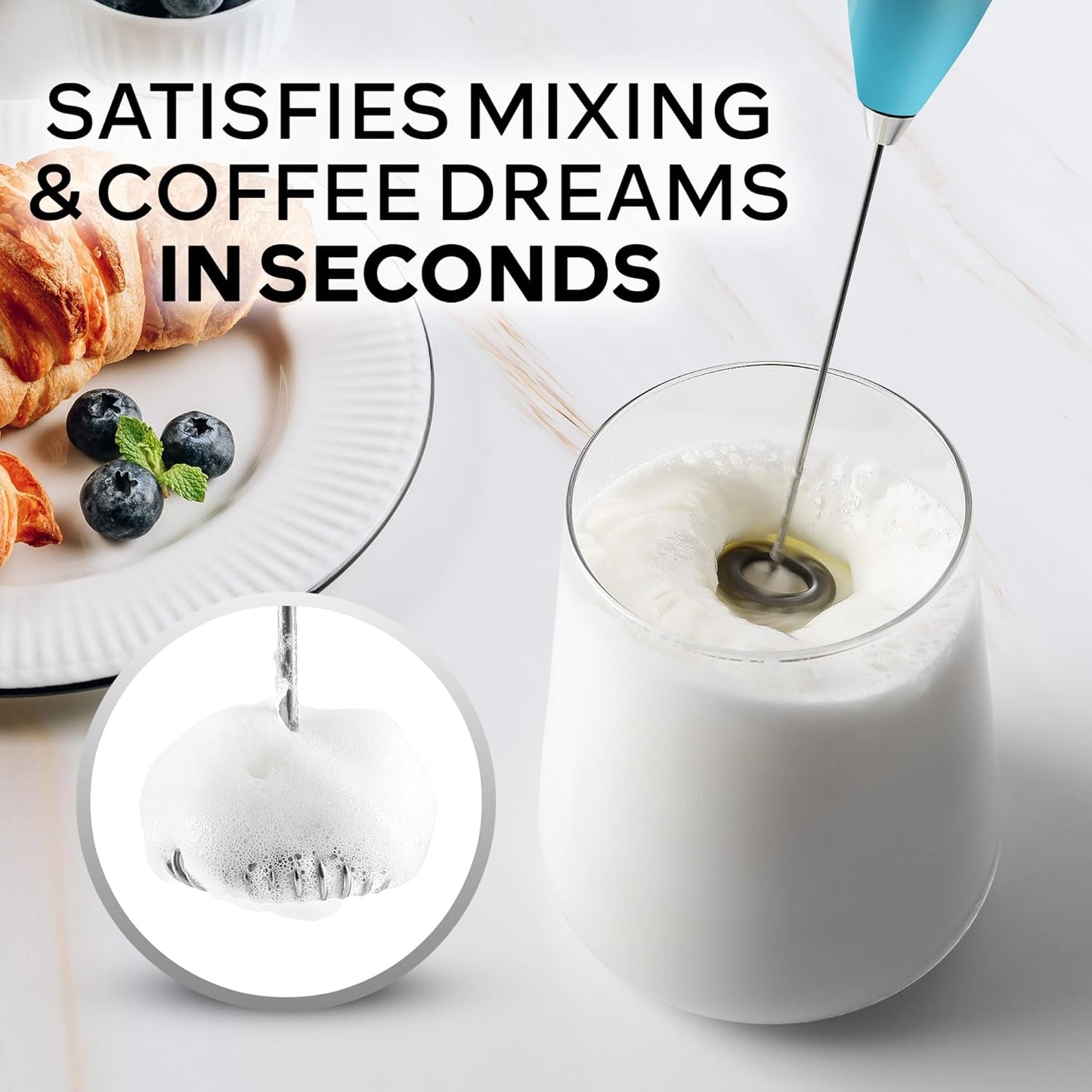 Zulay Kitchen Milk Frother Wand - Ultra-Fast Handheld Electric Whisk for Coffee, Lattes & More - Marine Color