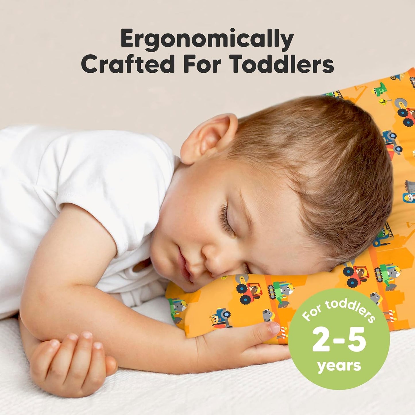 Little Builders Toddler Pillow - Organic Cotton Travel Bed Pillow with Soft, Breathable Case | 13x18 Inches