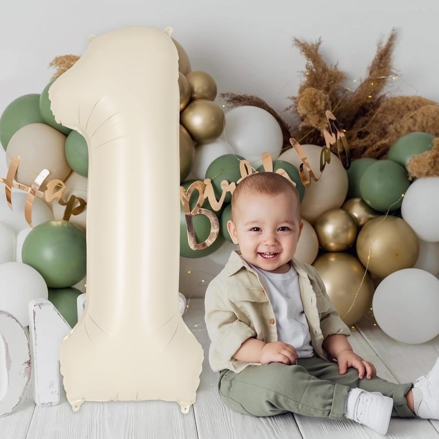 Cream Number 1 Balloon 40 Inch, Big Large Foil Helium Number Balloons, Jumbo Giant Beige Mylar Number 1 Balloons for 1st First Birthday Party Decorations Supplies Anniversary