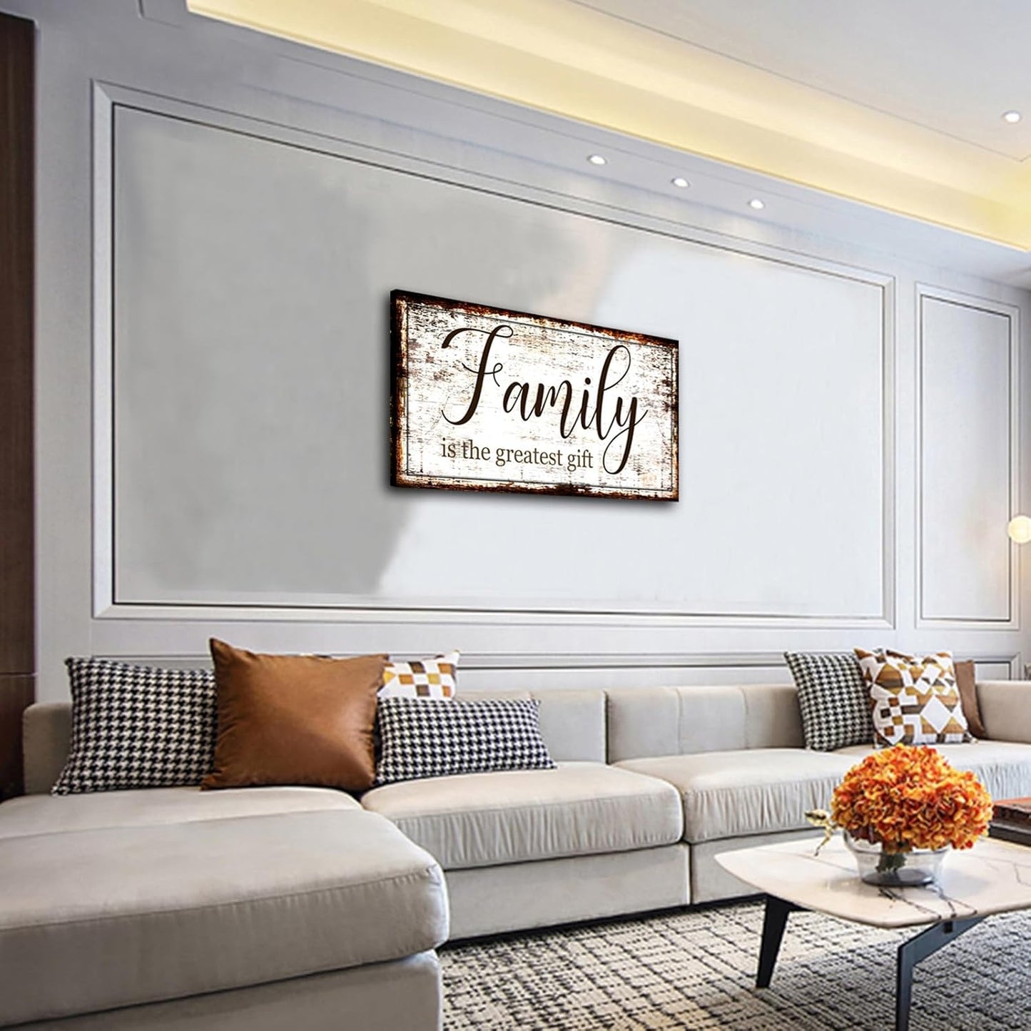 Family Canvas Wall Art for Living Room - Greatest Gift Word Painting, Farmhouse Retro Artwork Prints, Framed Stretched Picture for Dining Room, Office, Home Decor