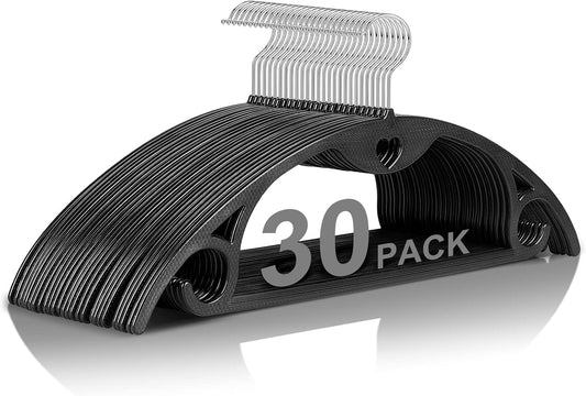 Skiennix Plastic Hangers - 360° Swivel Hook, Non-Slip Design, Space-Saving Black Hangers - 30 Pack