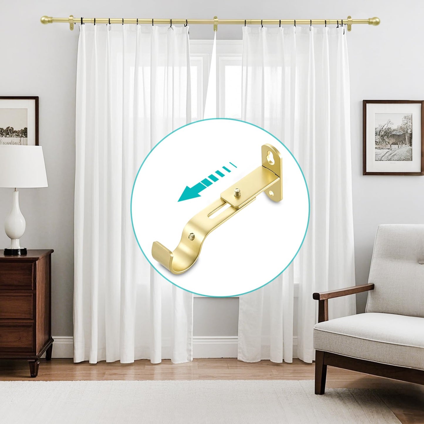 AMZSEVEN Adjustable Curtain Rod Brackets, Metal Window Drapery Rod Hanger Holders Hooks for 1 inch Rods (Warm Gold, Set of 2)
