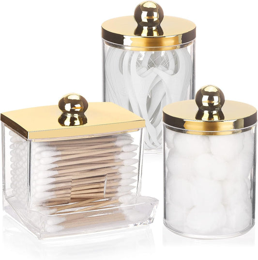 Tbestmax Cotton Ball Holder - 10oz Apothecary Jar with Gold Lid | Bathroom Organizer for Q-Tips & Swabs