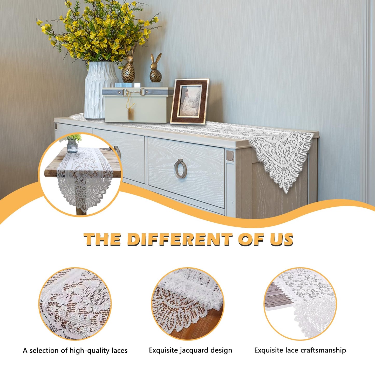 PCMURSAL 4 Pack Cotton Crochet Lace Rectangular Table Runner Dresser Scarf Doilies, 13'' X 44'' White Cotton Dresser Scarf Table Runner for Bedroom Furniture, Home Decor