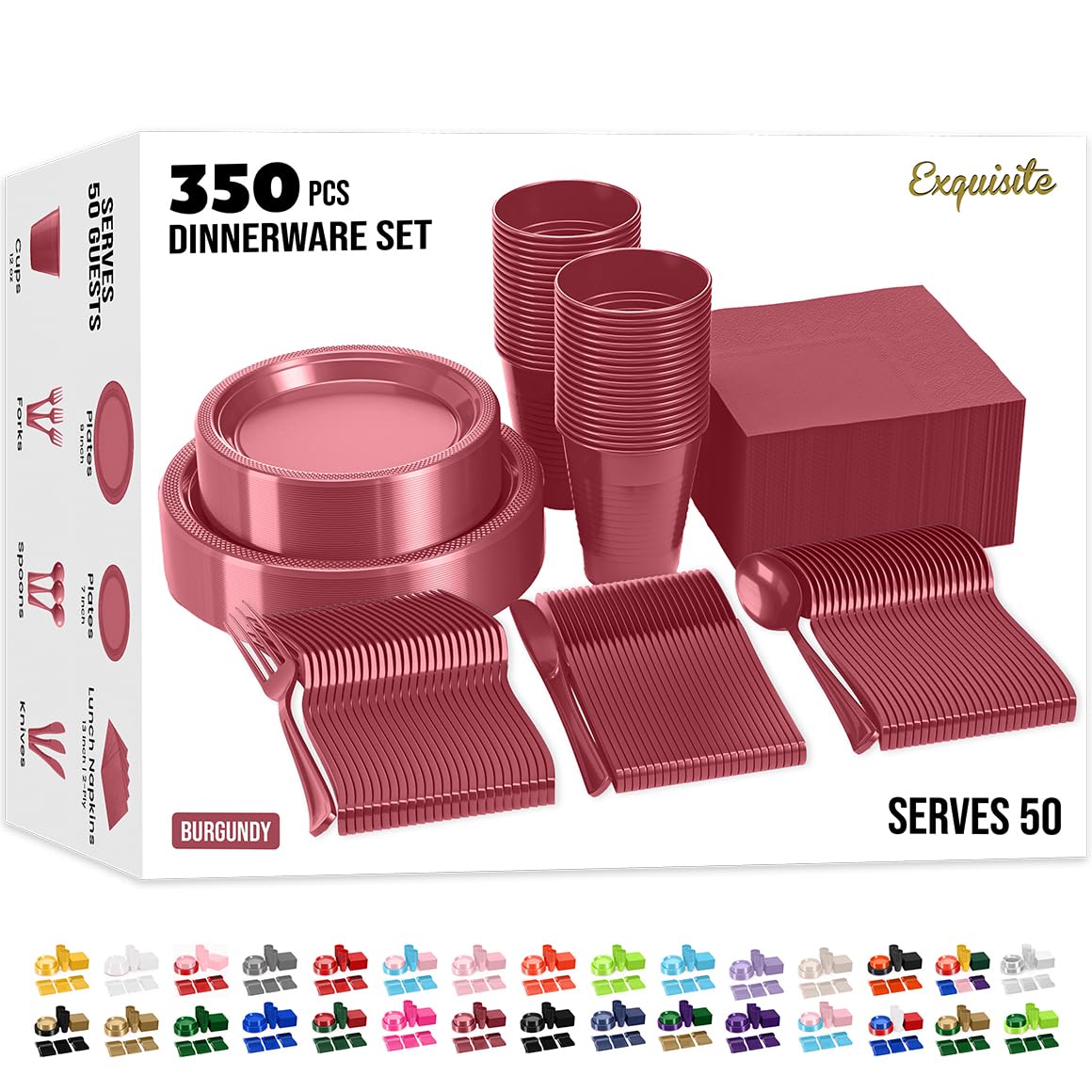 350 Pcs Burgundy Plastic Plates For Party, Burgundy Disposable Plates Set, 50 Of Each 9" Dinner Plate Set, 7" Dessert Plate, Cups, Napkins & Cutlery Plastic Dinnerware Set Exquisite