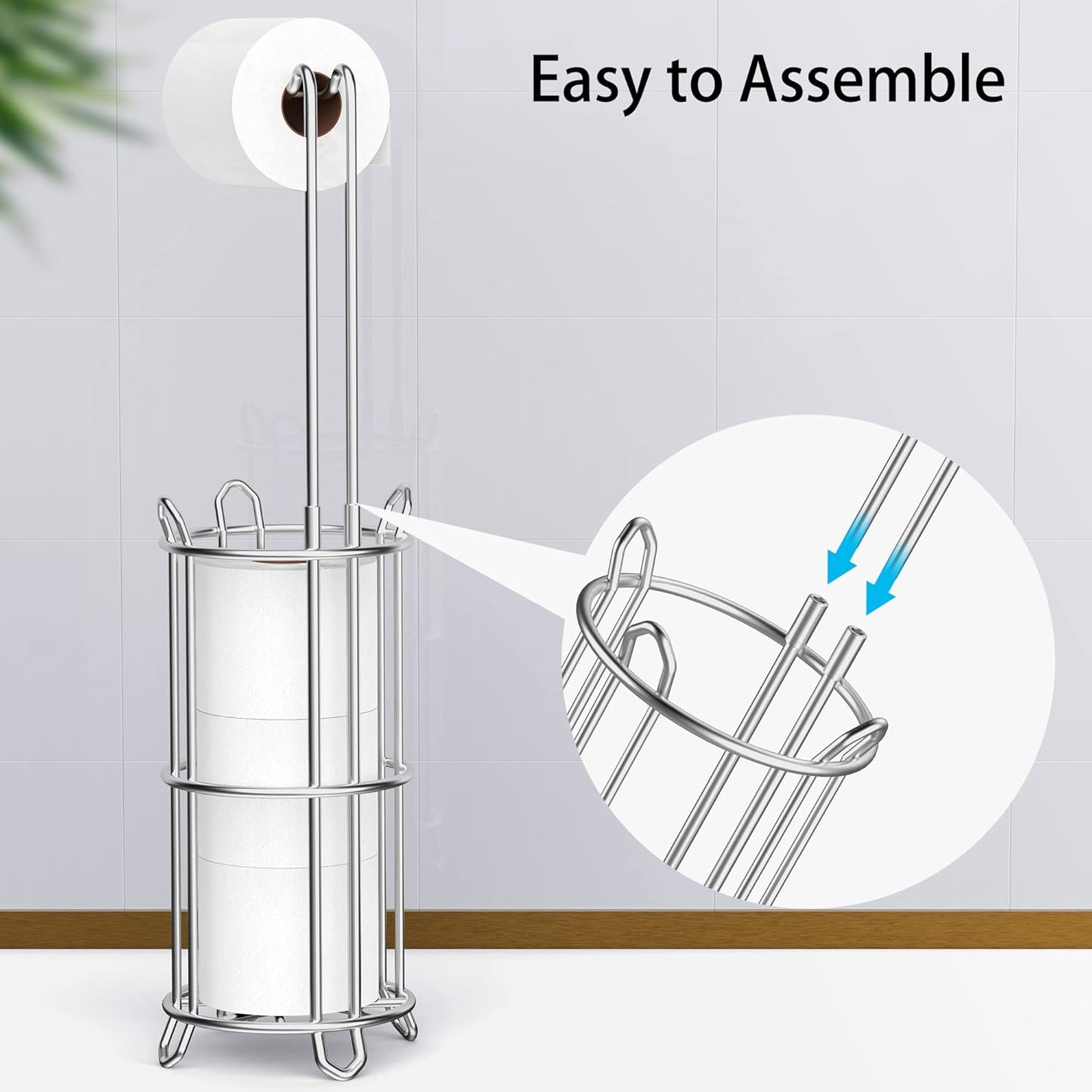 Meangood Toilet Paper Holder Stand - Free Standing Tissue Roll Dispenser for 4 Mega Rolls | Silver Metal Design