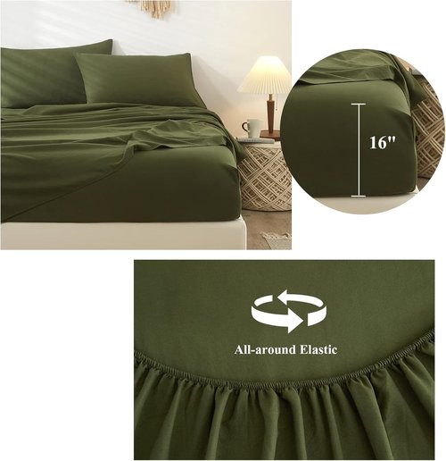 HighBuy Queen Sheet Set - Luxury Cooling Bed Sheets with 4 Pieces | Army Green, Easy Care & Deep Pocket