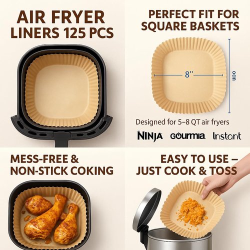 Air Fryer Liners 125 Pcs – 8” Square Disposable Paper for 5–8 QT Basket – Non-Stick, Oil-Proof, Food-Grade Parchment – Fits Ninja, Gourmia, Vortex, More